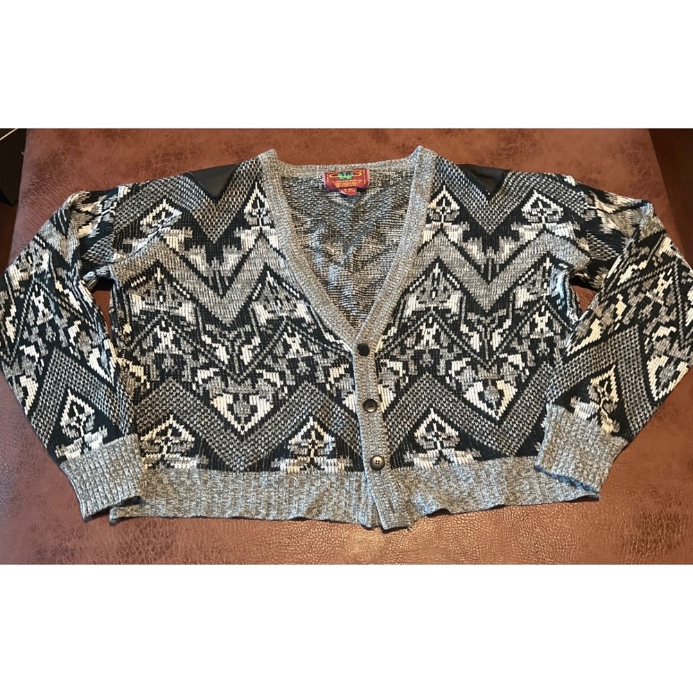 Vintage 90's Chartwell  Geometric Pattern‎ Cardigan Sweater Leather Trim Size L